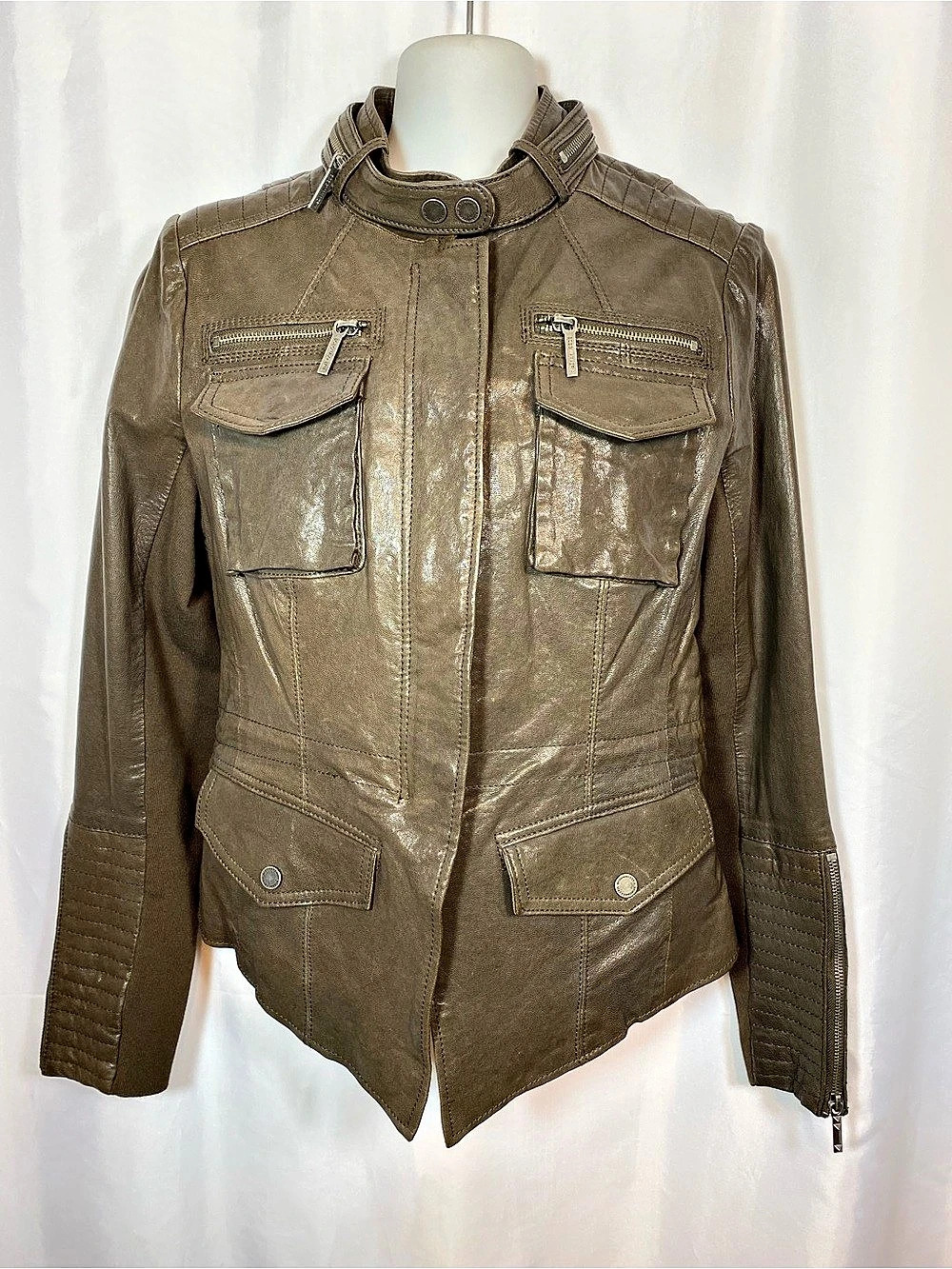 BCBG MAXAZRIA Olive Brown Leather Moto Utility Jacket